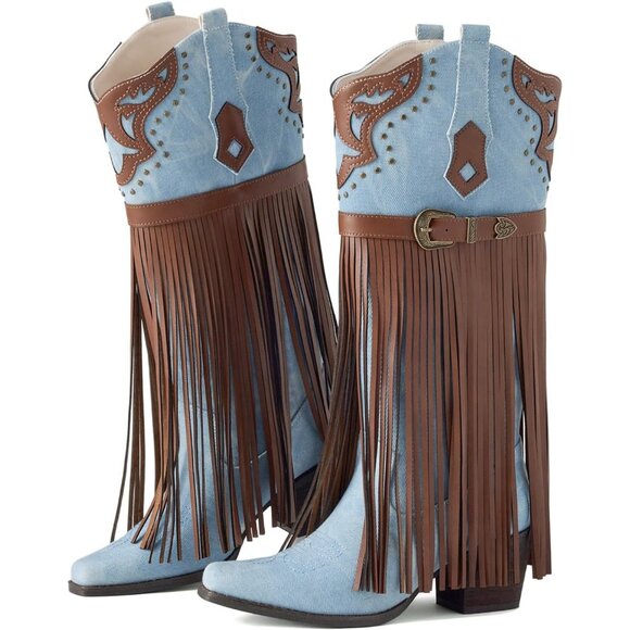 ⚡Women's Blue Fringe Embroidered Western Knee High Cowgirl Boots Chunky Heel - Picture 2 of 6